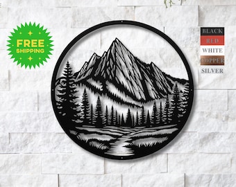 Round Metal Mountain Wall Art | Nature Forest Lake Scene | Outdoor