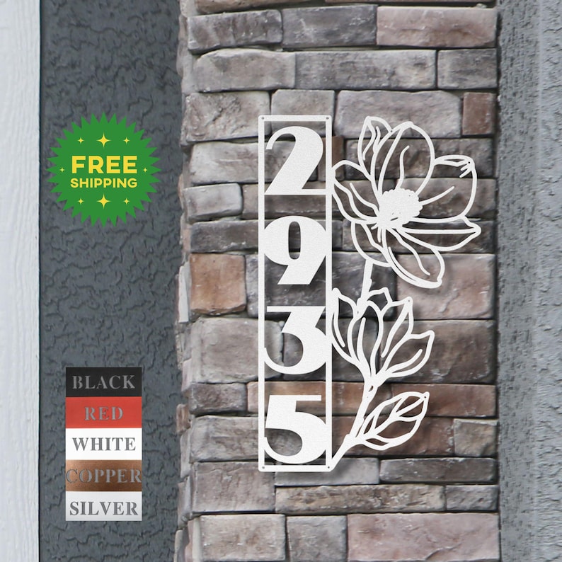 Vertical House Number Sign | Magnolia Flower Address Plaque | Custom ...