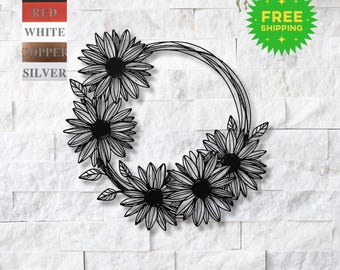 Metal Garden Wall Art | Daisy Flower Wreath | Outdoor Floral Decor | Front Door Wall Hanging | Garden Metal Circle | Porch Spring Decor