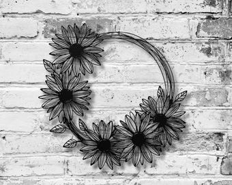 Metal Daisy Hoop Wreath | metal wall hange | frontdoor decor | cabin wall decor | airbnb decoration | large metal wreath | year round wreath