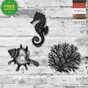 May include: Black metal wall art featuring a seahorse, a seashell, and coral. The seahorse has a curled tail. The seashell has a spiral design. The coral has a branching structure. The background is a white brick wall. The image also includes a color chart.