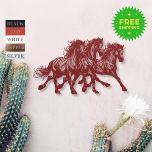 May include: Three stylized horses running in a line, outlined in red against a white background. The horses are facing right and have flowing manes and tails.
