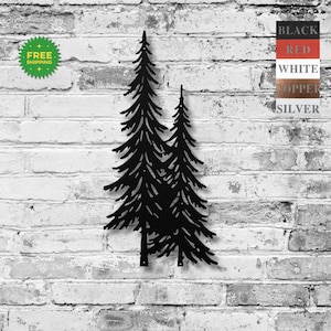 May include: Black metal wall art featuring two stylized evergreen trees. The trees are cut from metal and mounted on a distressed white brick wall. The image also includes color options: black, red, white, copper, and silver.