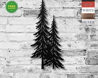 Metal Pine Tree Wall Art | Two Pine Trees Metal Decor | Forest Tree Silhouette | Outdoor Nature Wall Hanging | Rustic Tree Metal Sign
