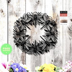 Dragonfly Metal Wall Art | Dragonfly Wreath Wall Decor | Metal Dragonfly Sign | Black Steel Dragonfly | Garden Metal Art