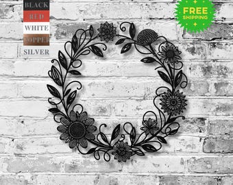 Metal Garden Wall Art | Decorative Floral Wreath | Outdoor Scroll Decor | Botanical Door Decoration | Garden Circle Art | Porch Metal Decor