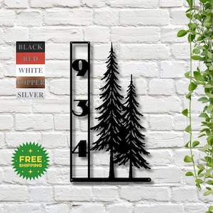 Letrero vertical con número de casa / Placa de dirección metálica con pinos / Decoración del hogar con bosque y montaña / Letrero exterior personalizado / Puerta de entrada / Cabaña