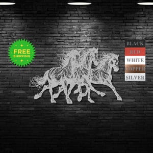 May include: Metal wall art featuring three horses running in a line. The horses are depicted in a stylized, minimalist design. The art is available in black, red, white, copper, or silver.