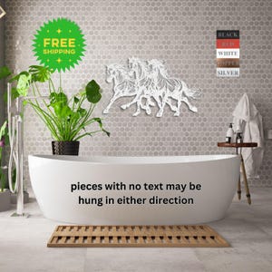 May include: Metal wall art featuring a silhouette of four horses running. The horses are in a white color and can be hung in either direction. The text "pieces with no text may be hung in either direction" is visible at the bottom of the image.