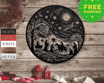 Nativity Scene Metal Art Starry Night Inspired Holiday Porch Decor Religious Christmas Gift Housewarming Christian Wall Art Home Decor, Xmas