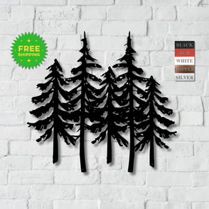 Arte de pared de pino de metal, letrero de metal de bosque, decoración de cabaña de montaña, colgante de pared de cabaña rústica, acento de hogar de bosque, decoración de línea de árboles