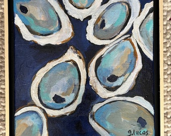 Oyster painting, coastal artwork, oyster shell original art, blue oyster on canvas