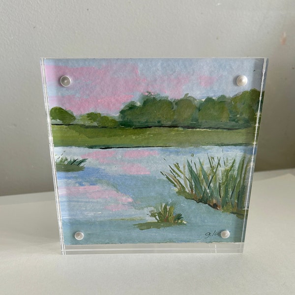 Seascape painting, marsh art, small original coastal artwork, beach art, acrylic painting, magnetic acrylic frame