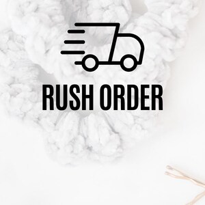 May include: White, fluffy scrunchies with a flower-like design. The image also features the text "RUSH ORDER" with a graphic of a truck, along with hair accessories.
