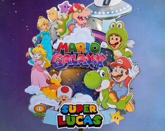 Super Mario Galaxy Cake Topper Personalized Name Age Birthday Decoration Custom Mario Party Cake Decor