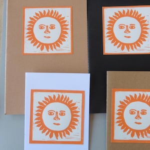 Greeting Card or Note Book &quot;Sun&quot; Hand Printed Lino Print. Block Print Blank Card or Note Book Handmade with Original Design of the Sun.