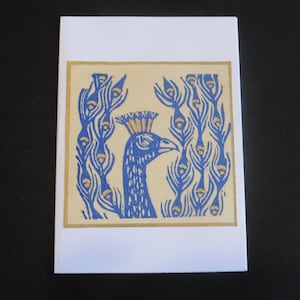 1 x Lino cut Card, &quot;Peacock with Gold&quot;. Handprinted  Greeting Card, Handmade Block print, linocut, Relief Print, Original Composition.