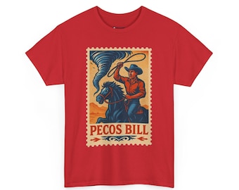 May include: Red t-shirt featuring a vintage-style illustration of Pecos Bill riding a horse and roping a tornado. The design is in a postage stamp style with the text "PECOS BILL".