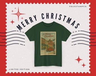 May include: Dark green t-shirt with a vintage Christmas stamp design. The stamp features a red truck driving through a snowy town, with the text "A Merry Christmas". The shirt is set against a red and white background with the words "Merry Christmas".