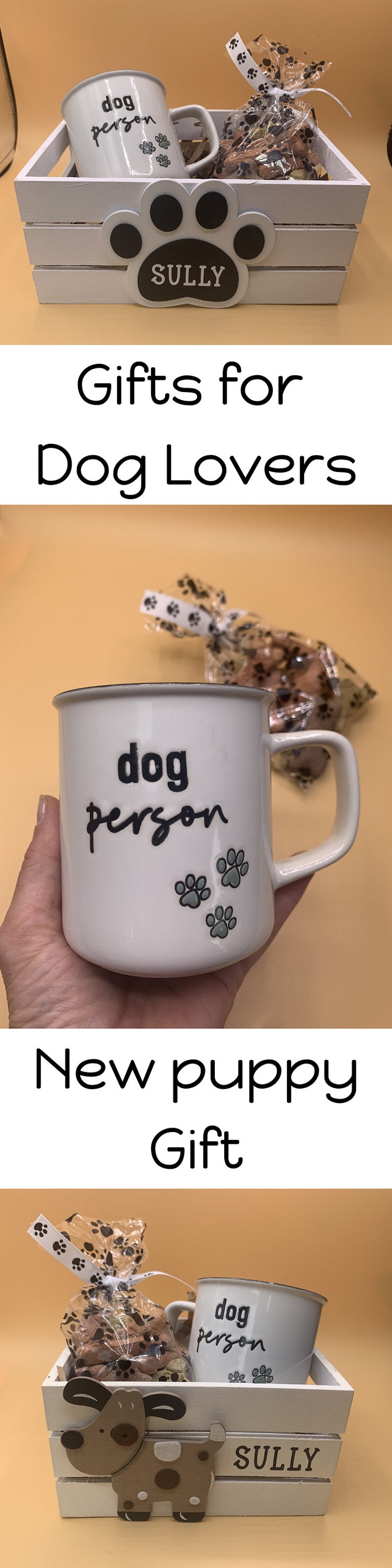 May include: A white wooden crate with a dog-shaped cutout and the word "SULLY" on the front. The crate contains a white mug with the text "dog person" and a bag of dog treats. The crate is on a light brown surface.