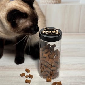 Puede incluir: Un recipiente transparente para comida de mascotas con una tapa negra y el nombre "Wanda" en la parte superior. El recipiente está lleno de croquetas marrones y está junto a un gato siamés.