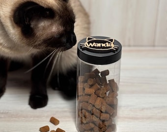Cat Treat Container Storage Solution Kitchen Organization Pet Supplies Storage Jar Personalized Name Custom Design Wooden Accent Decorative