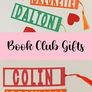 Custom name bookmarks in bright colors, great as party favors for kids' booklover birthday