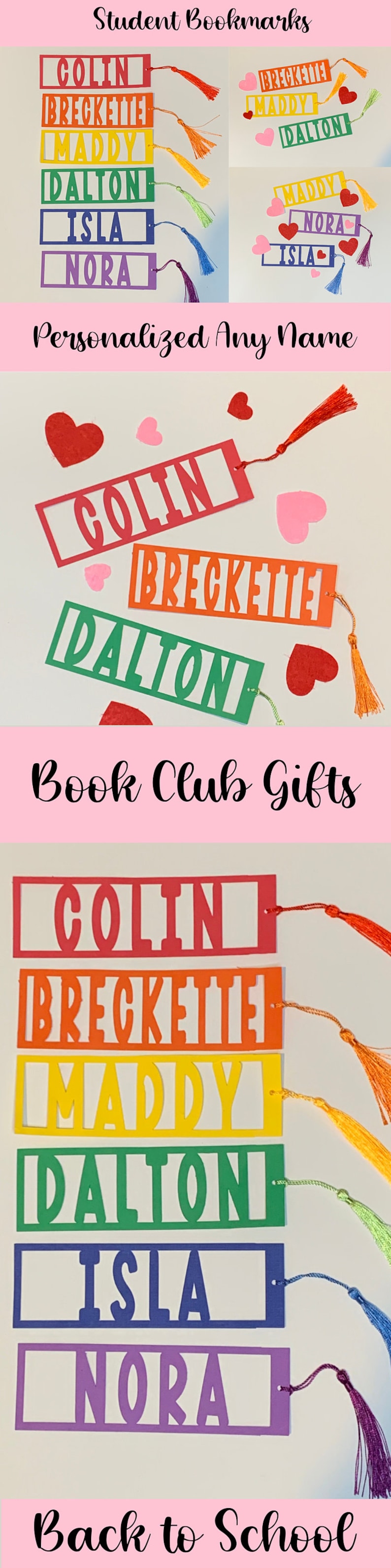 Custom name bookmarks in bright colors, great as party favors for kids' booklover birthday