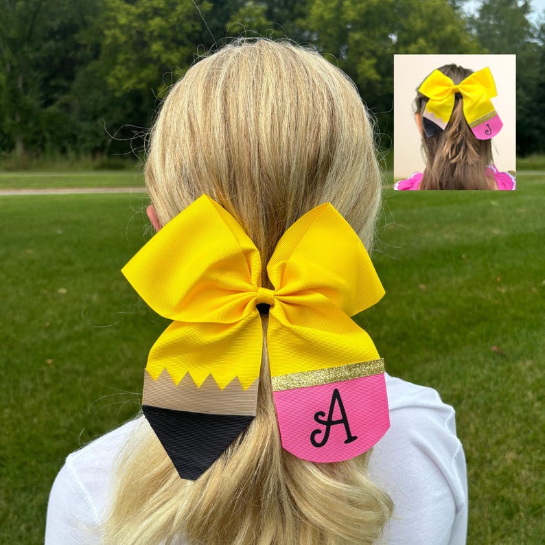 Personalized hair bow for girls initial hair bow back to school customized bow pencil hair bow hair accessories pencil bow yellow large 7 x 6in