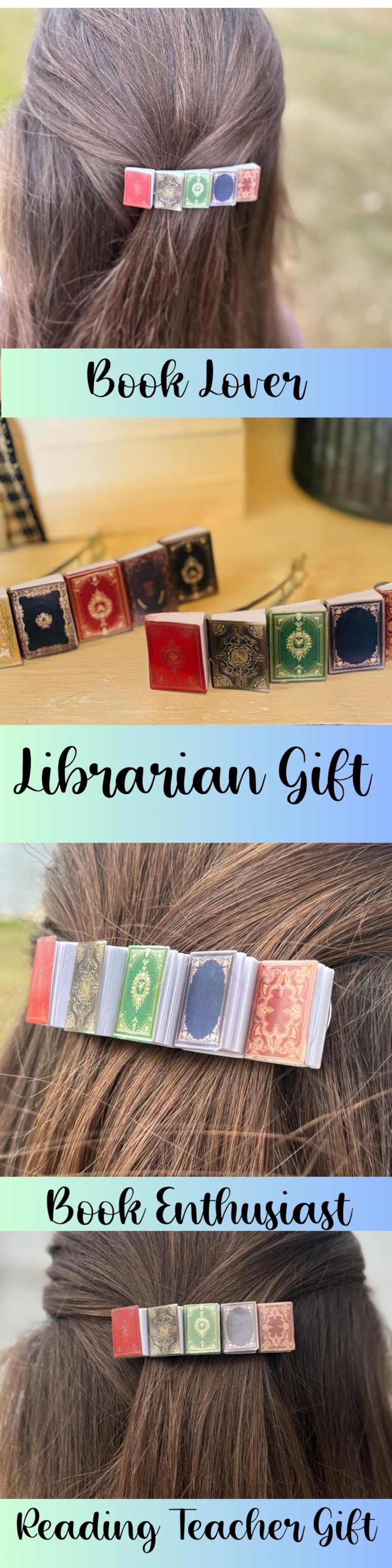 May include: A set of four hair clips featuring miniature book designs. The books are decorated with various patterns and colors, including red, green, blue, and gold. The clips are a fun and unique accessory for book lovers, librarians, and reading teachers.