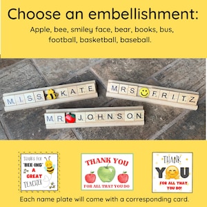 Custom Scrabble tile desk name plate with wooden base and fun themed embellishments. Perfect for teachers, coaches, and staff gifts. Makes a thoughtful classroom desk decoration or personalized gift for back-to-school and appreciation