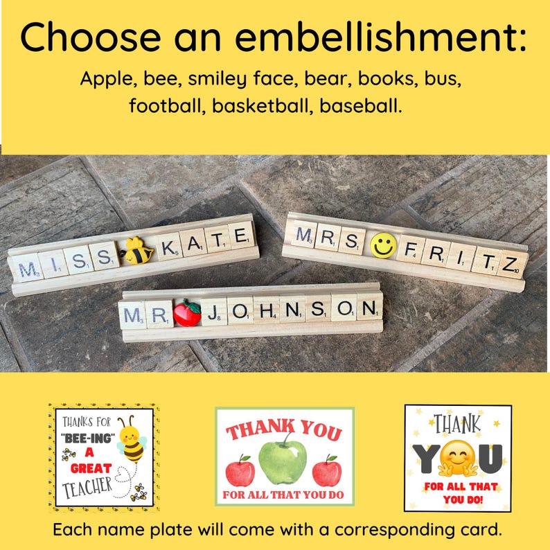 Custom Scrabble tile desk name plate with wooden base and fun themed embellishments. Perfect for teachers, coaches, and staff gifts. Makes a thoughtful classroom desk decoration or personalized gift for back-to-school and appreciation