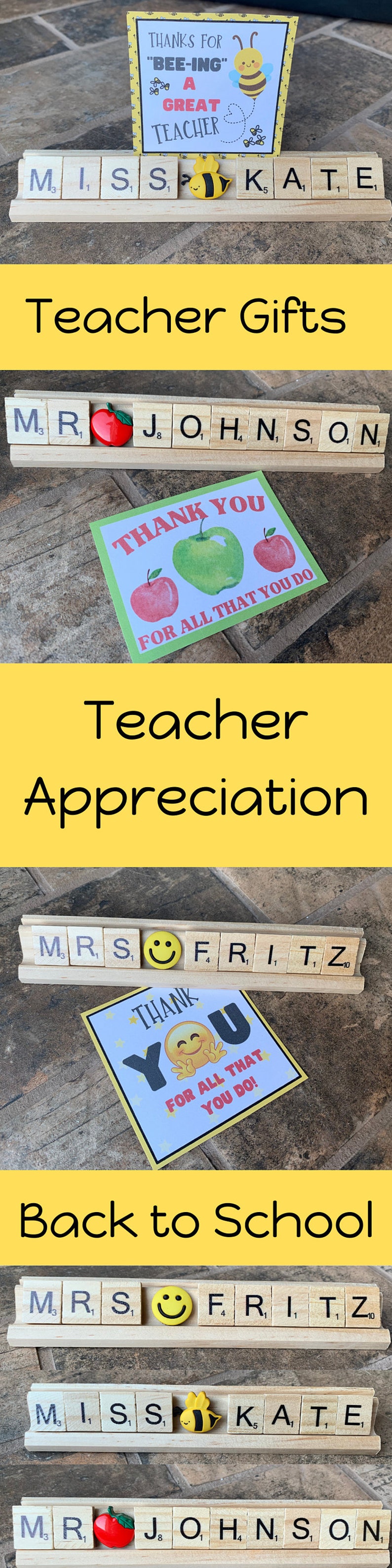 Op de afbeelding: Een verzameling houten spelstenen gerangschikt op houten houders om namen als MISS KATE, MR JOHNSON en MRS FRITZ te spellen, vergezeld van decoratieve kaarten met tekst waaronder THANKS FOR BEE-ING A GREAT TEACHER en THANK YOU FOR ALL THAT YOU DO.