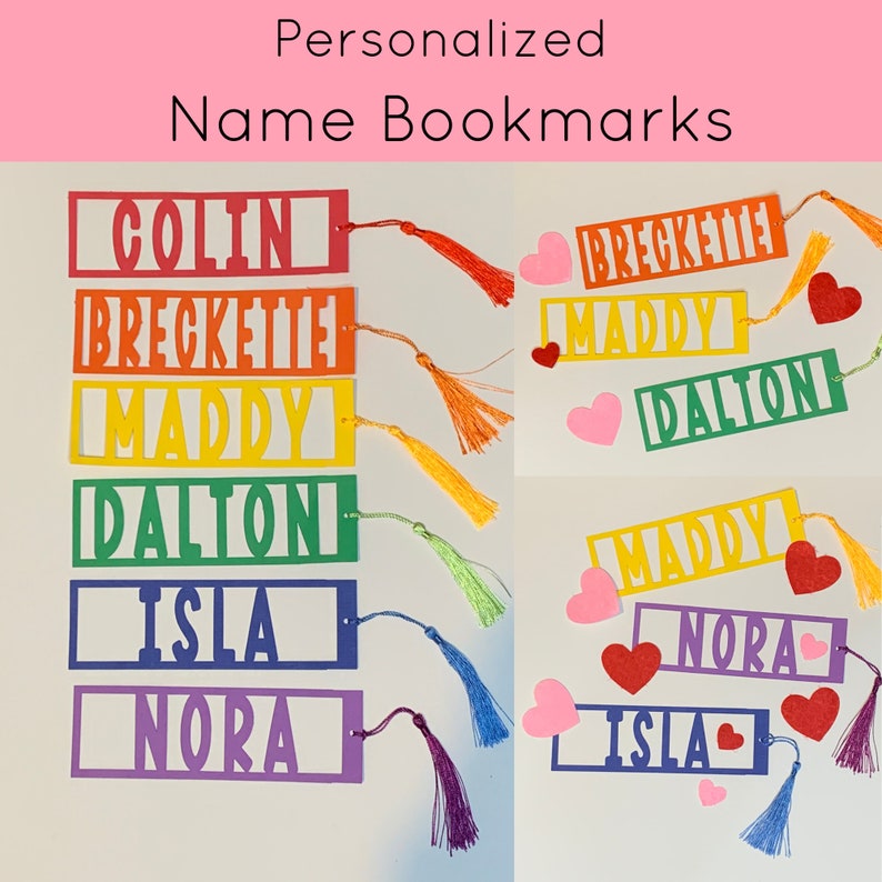 Personalized name bookmarks, custom made for booklover gift, displayed in various colors
