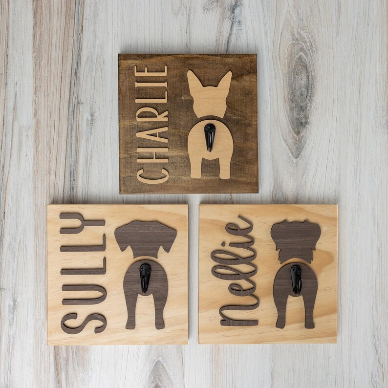 Custom Dog Leash Holder Wall Mount Storage Solution Pine Wood Construction Pet Supply Organizer Coat Hook System Personalized Pet Name Display Dog Breed Silhouette Design Natural Wood Finish Home Organization Essential Durable Storage Rack