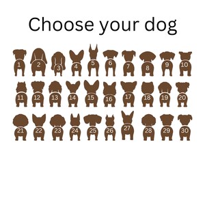 May include: A chart of 30 different dog breed silhouettes, numbered 1 through 30. The silhouettes are brown and are shown from the rear view. The text "Choose your dog" is at the top of the chart.