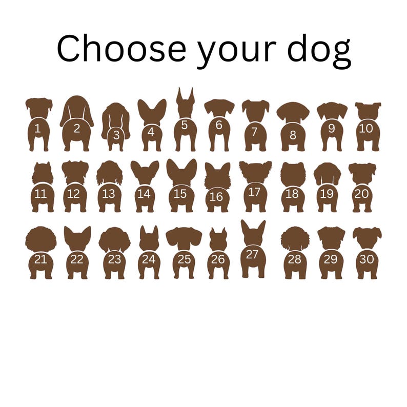 May include: A chart of 30 different dog breed silhouettes, numbered 1 through 30. The silhouettes are brown and are shown from the rear view. The text "Choose your dog" is at the top of the chart.