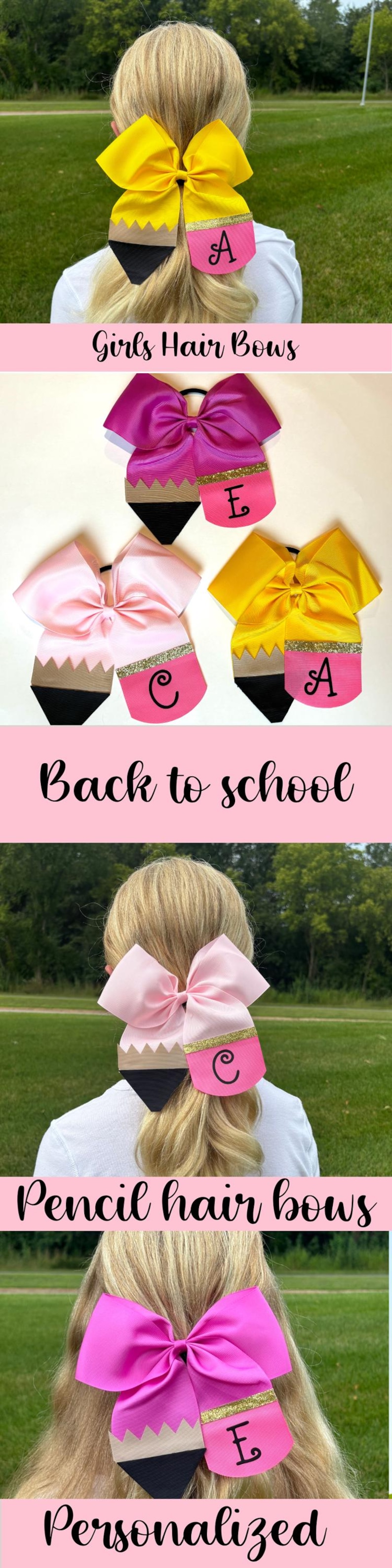 May include: A set of four personalised pencil hair bows in pink, yellow, and purple. Each bow features a black and white pencil design with a gold glitter accent and a pink letter.