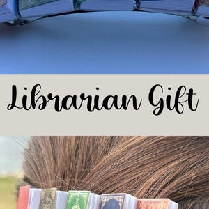 May include: Four different hair clips made to look like miniature books. Each clip has a different colored cover and a gold design. The text "Book Lover", "Librarian Gift", "Book Enthusiast", and "Reading Teacher Gift" is displayed below each clip.