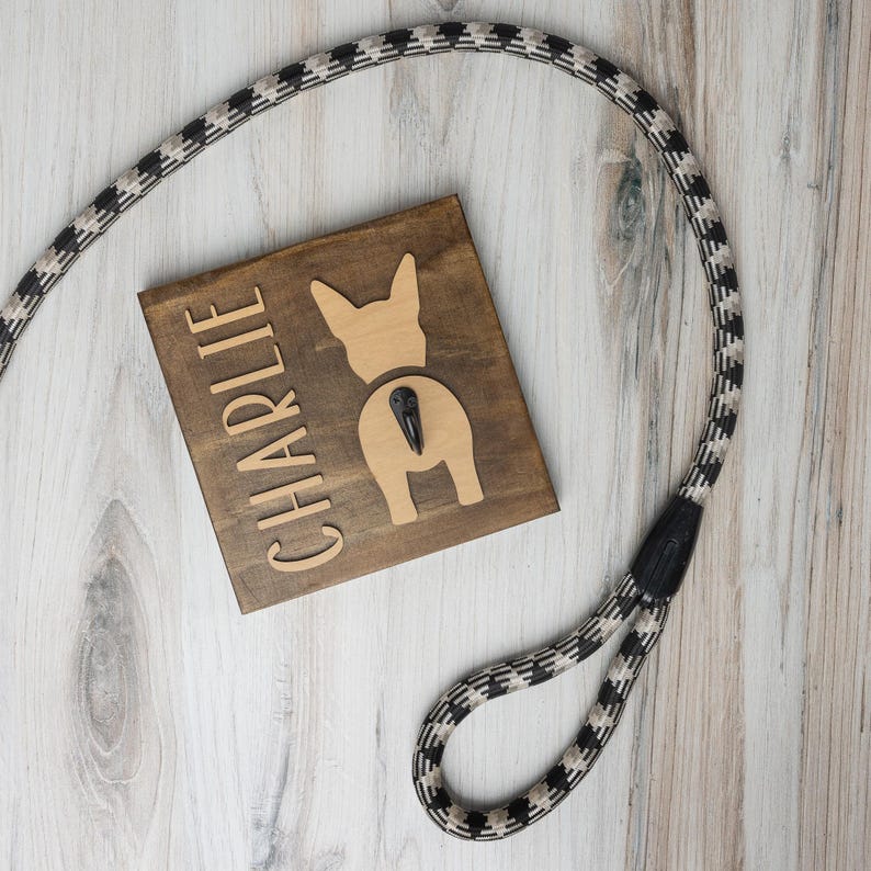 Pet Storage Solution Custom Dog Leash Holder Wall Mount Design Personalized Pet Name Display Wooden Coat Hook System Dog Breed Silhouette Detail Premium Pine Construction Home Organization Essential Beautiful Pet Supply Storage Practical