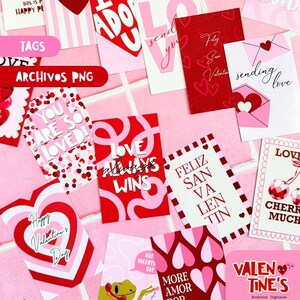 Puede incluir: Una colección de tarjetas de San Valentín con diseños variados. Las tarjetas presentan corazones, texto como "I Adore You" y frases como "You Are My Favorite". Los colores incluyen rojo, rosa y blanco. Algunas tarjetas tienen el texto "Sending Love".