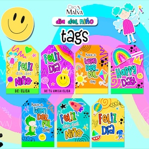 Archivos digitales para imprimir tags con temática del dia del niño, printables