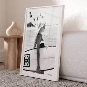 Estampas de moda costeira, praia de surf, piscina flutuante, pôster de arte de parede de moda em preto e branco