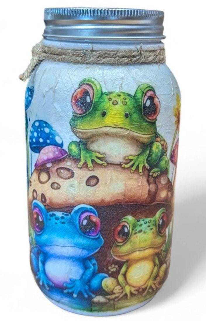Frogs and Lily Pads Mason Jar: Woodland Nursery Decor, Decoupage Glass Jar