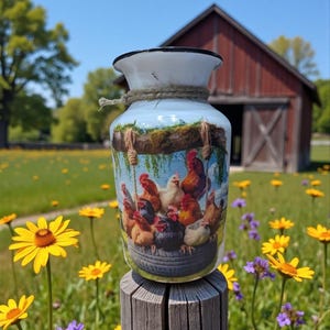 May include: White enamel vase with a black rim and a rope accent. The vase features a colorful illustration of chickens and roosters. The background shows a blue sky and a red barn. The vase is displayed on a wooden post.