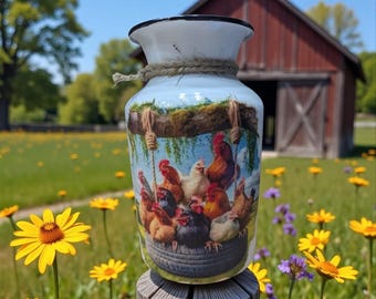 Chickens on a Tire Swing Theme Milk Jug Metal Vase