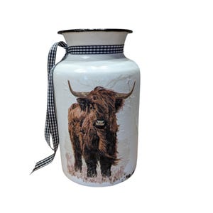 Highland Cow Metal Decorative Milk Jug Vase white Enamel