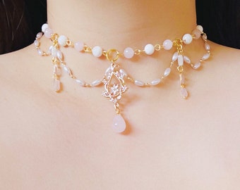 Handmade Pink Chalcedony Necklace -Floral Choker -Fairycore Shell Necklace -White Necklace -Coquette Necklace -Pearl Necklace -Gift To Her