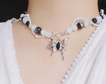 Handmade Creative Butterfly Necklace - Black Beaded Necklace - Y2K Choker-Freshwater Pearl Necklace -Fairy core Stainless Steel Necklace