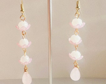 Handmade Creative Floral Earring -Pink Dangle Earring -Fairy Core Earring -Chalcedony Earring -Resin Earring -Blossom Clip-ons -Gift To Her